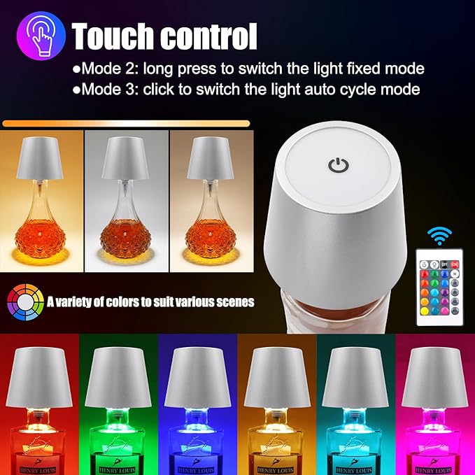 Wireless Bottle Lamp with Remote Control, Rechargeable RGB Wine Bottle with 3Modes Light Dimming, Waterproof Bottle Touch Lamp Head for Room, Bar, Restaurant and Party Decorations(Silver RGB)