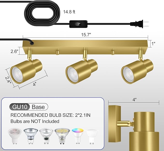 Plug-in Track Lighting LED, Track Light Fixtures Ceiling Kit, 15.7" Gold 3 Way Wall Lights for Kitchen, Plug in Ceiling Light with 14.8ft Power Cord,Rotatable Spotlight for Hallway(GU10 Base,No Bulb)