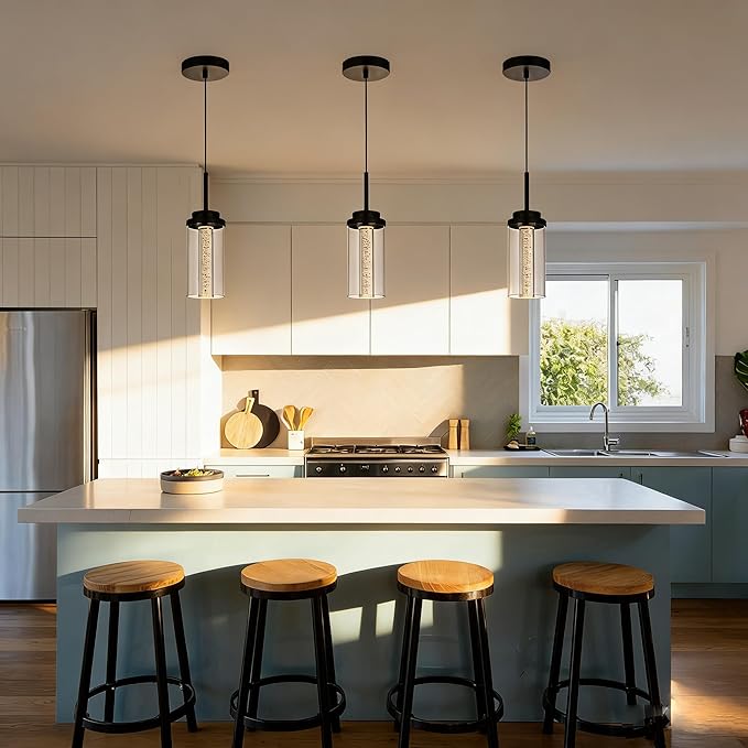 MELUCEE 3 Packs Modern LED Pendant Light Fixtures 5 Color Temperature Pendant Lights Kitchen Island Lighting Adjustable Height Black Hanging Ceiling Lamp for Dining Room Bedroom, 3000K-6000K