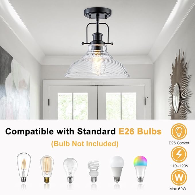 WILON Flush Mount Ceiling Light, Black Farmhouse Ceiling Light with Striped Clear Glass Shade, Light Fixtures for Dining Room Ceiling, Semi Flush Mount Ceiling Lights for Kitchen Entryway