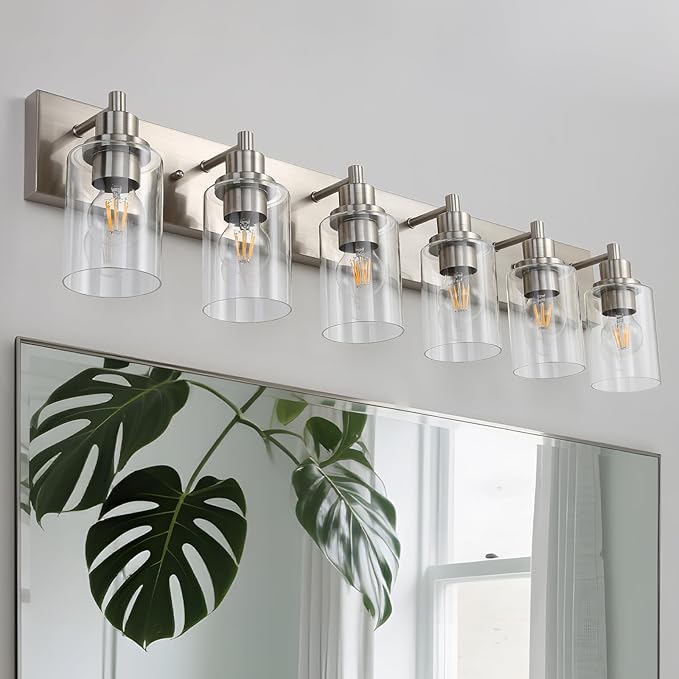 LOUSACE 6 Light Bathroom Vanity Light Brushed Nickel, Bathroom Lighting Fixtures with Clear Glass Shades Over Vanity Mirror, Modern Wall Sconces Fixtures for Bedroom Living Room, E26 Socket