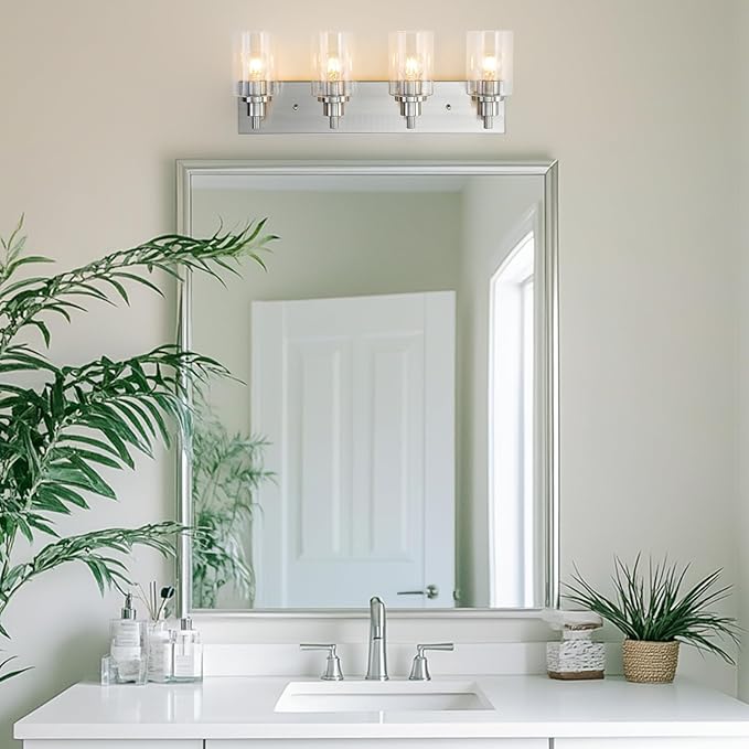 LOUSACE 4 Light Bathroom Vanity Light Brushed Nickel, Bathroom Lighting Fixtures with Clear Glass Shades Over Vanity Mirror, Modern Wall Sconces Fixtures for Bedroom Living Room, E26 Socket