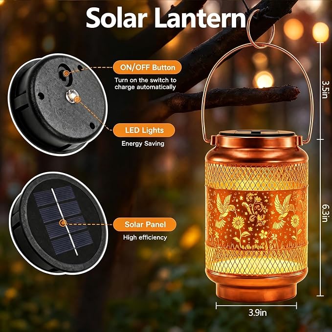 2 Pack Solar Lanterns Outdoor Garden Decor Solar Lights Waterproof Hummingbird Decorative Hanging Metal Lights Gardening Gifts for Mom Women Outside Yard, Patio, Backyard, Farm