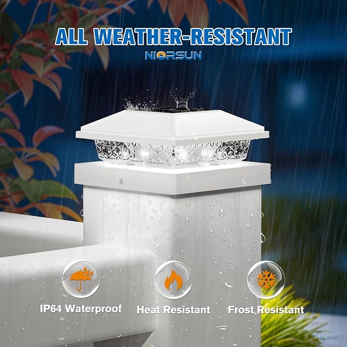 NIORSUN Solar Post Lights Outdoor, Fence Post Solar Lights Cool White, Waterproof, Garden Patio Fence Deck Decor, 4x4 Posts Cap Wood Vinyl, 5x5 Vinyl, White 16 Pack