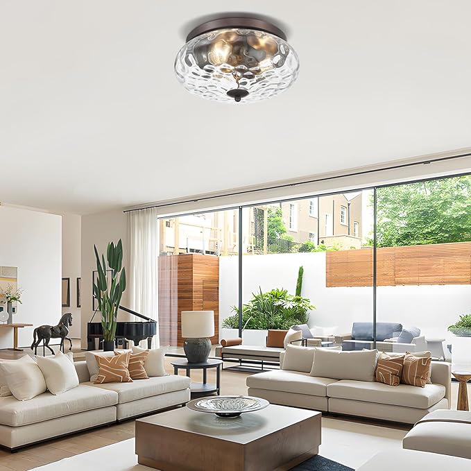 Darkaway Large Ceiling Light Fixtures, 3-Light Flush Mount Ceiling Light with Water Ripple Glass Shade for Indoor Outdoor Hallway Kitchen Bedroom Porch Living Room Oil-Rubbed Bronze Finish