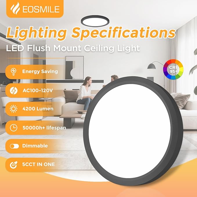 2Pack 15.8 Inch LED Flush Mount Ceiling Light, 35W, 120lm/W, 4200LM, CRI 95+, 2700K-5000K 5CCT Selectable & Dimmable, Black Round Flat Panel Light for Hallway, Kitchen, Bedroom, Laundry Room