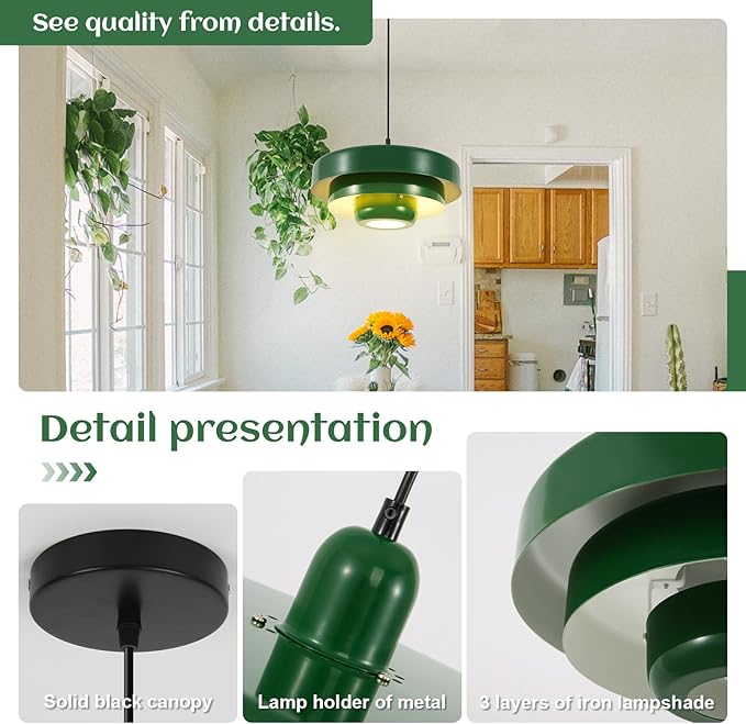 Green Mid Century Pendant Light, Adjustable Industrial Chandelier for Kitchen Island, Farmhouse Dining Room, Bedroom, Pantry Ceiling Hanging Light