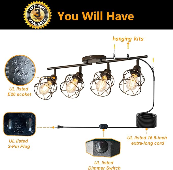 Dimmable 4 Light Plug in Ceiling Light,Black Plug in Track Lighting Kit with 16.5' Cord,Flexibly Rotatable Light Head,Modern Industrial Farmhouse Style(Bulbs Not Included)