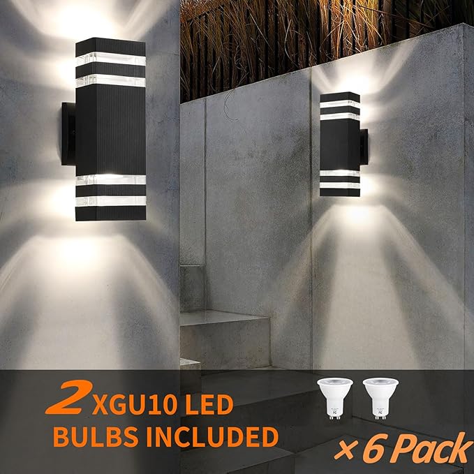 tewei 6 Pack Outdoor Wall Lights, Black Exterior Light Fixture Wall Mount Modern Outdoor Lights for House, Waterproof Aluminum Up and Down Porch Lights Outside Wall Sconces for Garage Porch, 2-Layer