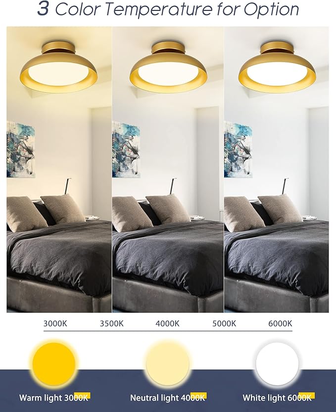 kudos Gold Ceiling Light 2PK, 12 Inch LED Semi Flush Mount Ceiling Light Fixture, 12W/700Lm Ceiling Lights for Kitchen, Bathroom, Hallway, 3000K/4000K/6000K Adjustable,KDCL01-GD-2PK