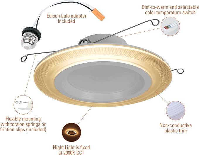 HALO RL Night Light 5/6 in LED Recessed Downlight with Night Light Mode, 1000 Lumens, Selectable CCT 2700K-5000K, Dim-to-Warm, Matte White - RLNL56109FSD2W1EWH