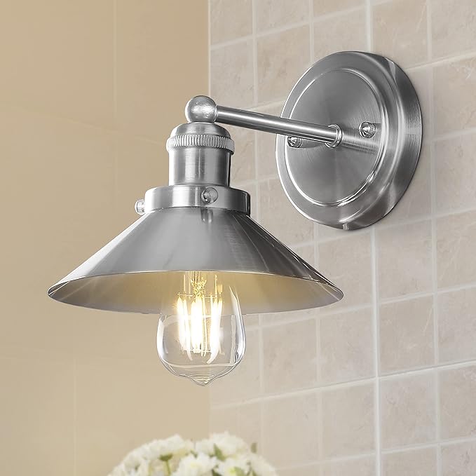 JONATHAN Y 7.8" Nickel 1-Light Industrial Farmhouse Metal Vanity Light Wall Sconce, Metal Shade for Bathroom Mirror, Kitchen, Entryway, LED Bulb Included (JYL7426B)