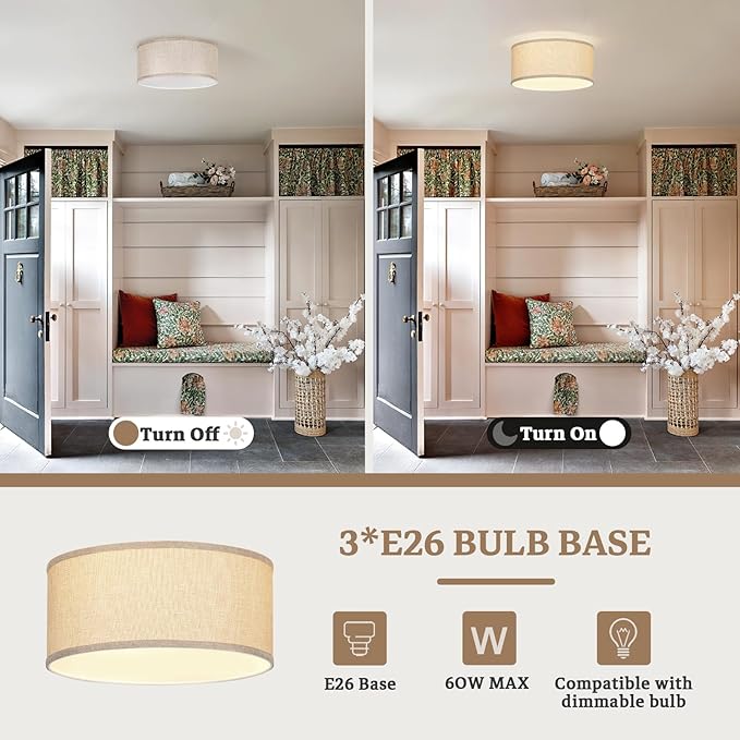 13 Inch Flush Mount Ceiling Light with Burlap Linen Drum Shade, Semi Flush Mount Ceiling Fixture, 3-Light Drum Light Fixture,Rustic Farmhouse Style for Bedroom, Living Room, Hallway, Entryway