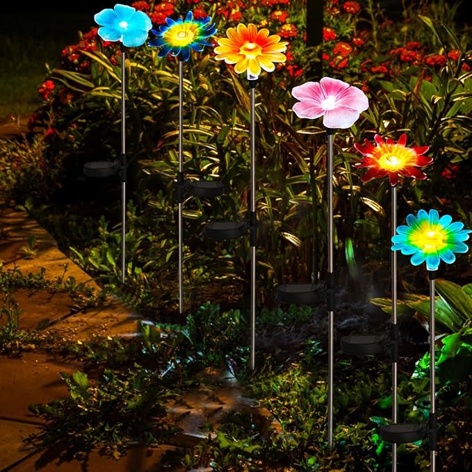 6 Pack Solar Garden Lights Outdoor Decor,Stake Yard Figurine Colorful Flower Light, Housewarming Ornament for Patio, Lawn, Yard, Pathway (Art Deco)