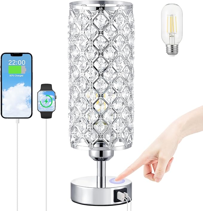 Crystal Table Lamp with USB C+A Charging Ports for Phone&Clock&Headphone, Bedside Lamps with Touch Control, Modern Design Small Lamp for Bedroom, Living Room(Sliver)