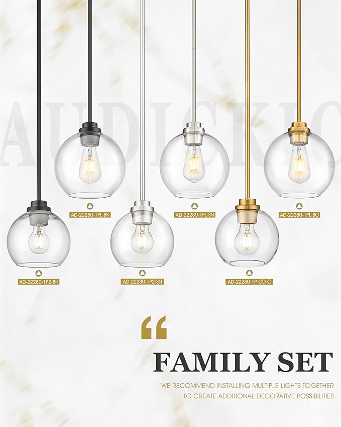 Pendant Lights Kitchen Island, Modern Gold Pendant Light with Clear Glass Globe Shade, Farmhouse Hanging Light Fixtures for Dining Room Entryway, AD-22280-1P-GD-C