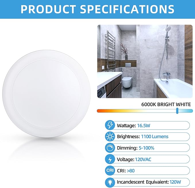 ECOELER 5/6 Inch Dimmable LED Disk Lights, 16.5W Flush Mount Disc Downlight, 1100lm 6000K Bright White, Low Profile Surface Mount Ceiling Light for J-Box or Recessed Can, ETL-Listed, 12 Pack
