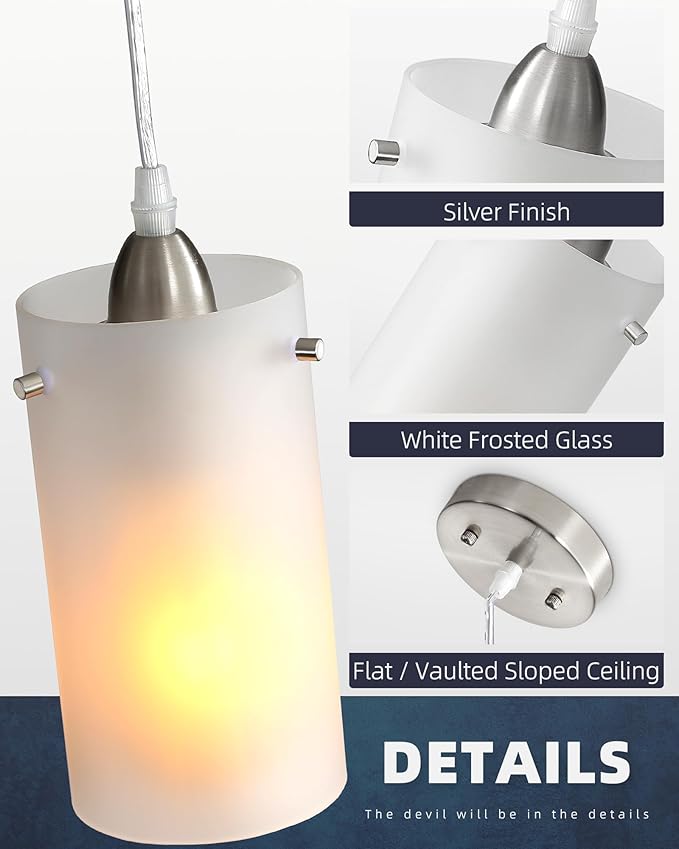 1-Light Mini Pendant Light Fixtures, Modern Chandelier Hanging Ceiling Light with White Frosted Shade, Brushed Nickel Pendant Lighting Adjustable Height, 2 Pack