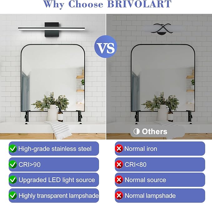 Black LED Vanity Lights 12W 20 Inch Bathroom Vanity Light Bar Acrylic Modern Bathroom Light Fixtures Over Mirror IP44 Wall Sconces Lights for Bathroom Bedroom Cool White 6000K