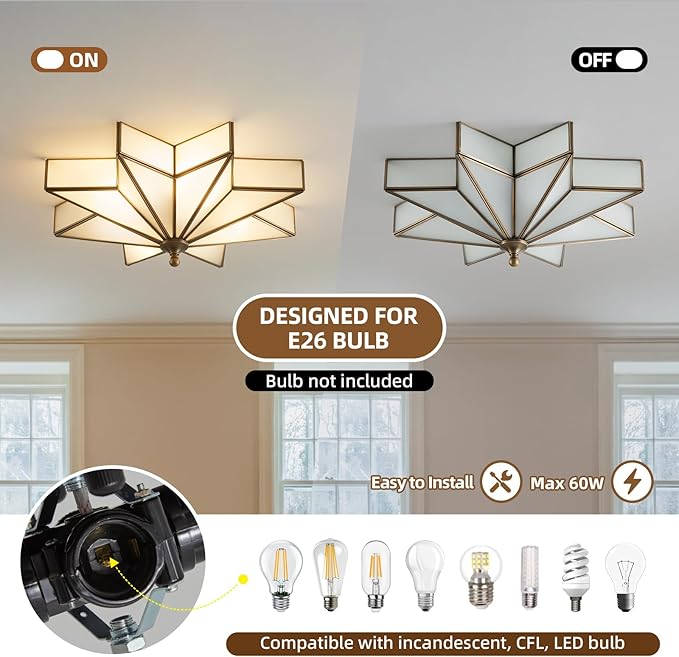 Star Brass Glass Ceiling Light - 19.5 In Black Large Flush Mount Fixture - Art Deco Mid Century Vintage Modern Moravian Lighting Light for Bedroom Dining Kitchen Foyer Farmhouse Living Room