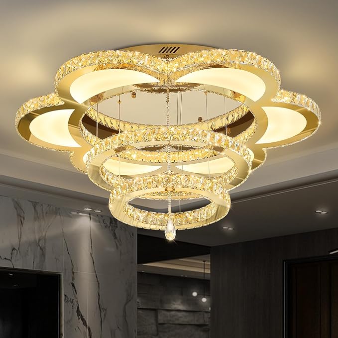ykolupty W32'' Modern Chandelier for Living Room Crystal Chandeliers Flush Mount Chandelier for Dining Room Bedroom Foyer Dimmable 2700-6000K (Gold Chandelier)