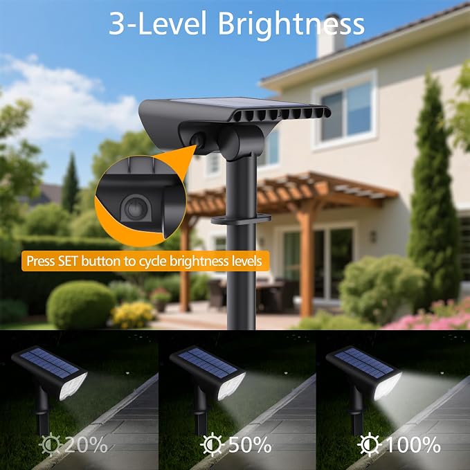 RUIKORING Solar Spot Lights Outdoor Waterproof, 73 LED Landscape Spotlight with 3 Lighting Modes, Dusk to Dawn Auto On/Off, 2-in-1 Wall & Ground Mount for Yard, Garden & Pathway, Cool White, 1 Pack