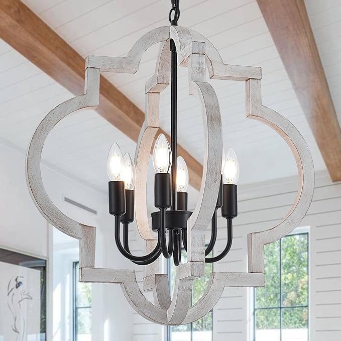 6-Light 21" Farmhouse Orb Chandelier Rustic Handmade Distressed White Wood Hanging Ceiling Pendant Light Fixture Wood Lantern Chandeliers for Dining Room Kitchen Bedroom Foyer Hallway
