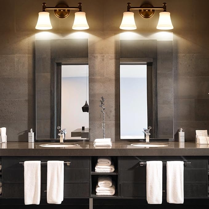 Gold Bathroom Vanity Light Fixtures, Traditional Aged Brass 2 Lights Wall Sconce Lighting with Opal Glass Shade, Porch Wall Mount Light Fixture for Bathroom, Mirror Cabinets Hallway Stairs