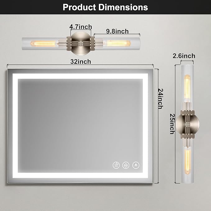 LaLuLa 2-Light Brushed Nickel Vanity Wall Lights Set of 2 –Hardwired Bathroom Light Fixtures with Rippled Glass Shades and Textured Metal Body, Chrome Accent Sconces for Over Mirror or Hallway