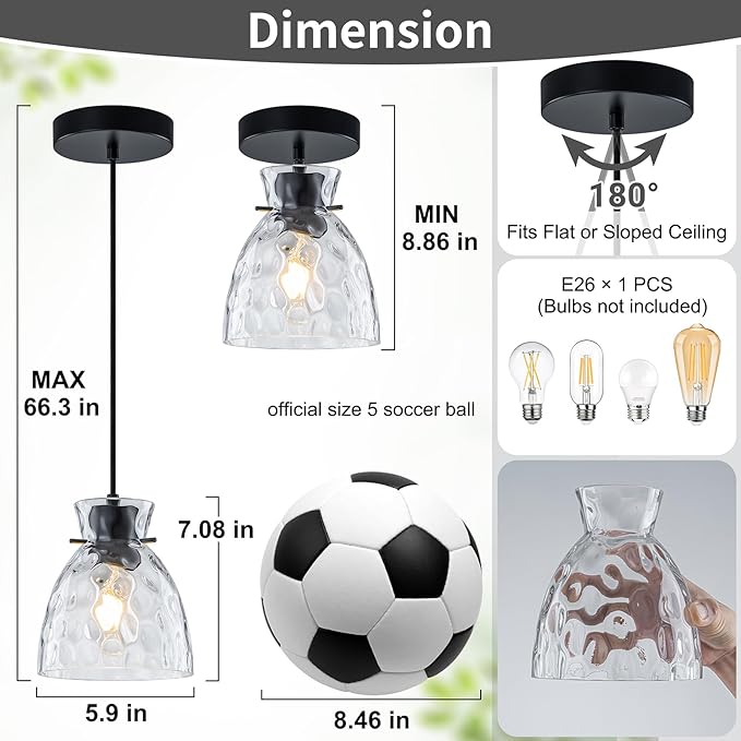 Hammered Glass Black Pendant Lights Kitchen Island Lighting, Small Hand-blown Glass Black Farmhouse Pendant Light Fixtures, Modern Hanging Lights Kitchen Pendant Lighting over Island Sink Bathroom E26