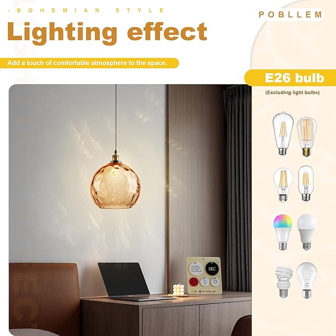Amber Pendant Lamp Plug in, 13.8" Large Glass Globe Hanging Light Plug in Hanging Lamp with Cord, Vintage Hammered Glass Corded Pendant Light Fixture for Kitchen Dining Room Living Room