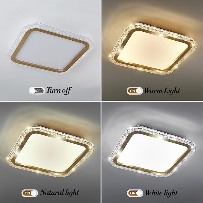 UOFUS 20.47inch Square Gold Flush Mount Ceiling Light 80W Modern LED Ceiling Light Fixture 3000K-6000K Super Bright Ceiling Lamp for Living Room Bedroom Kitchen Dining Room