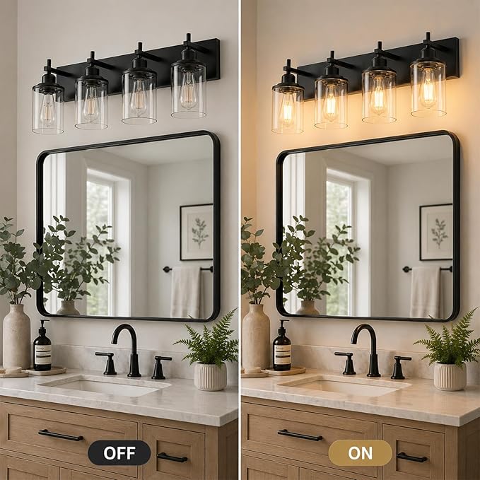 Lanhall 4-Light Black Bathroom Light Fixture Over Mirror Modern Farmhouse Bathroom Vanity Light Vintage Wall Lighting with Clear Glass Shade for Bathroom, Bedroom, Hallway, Cabinet