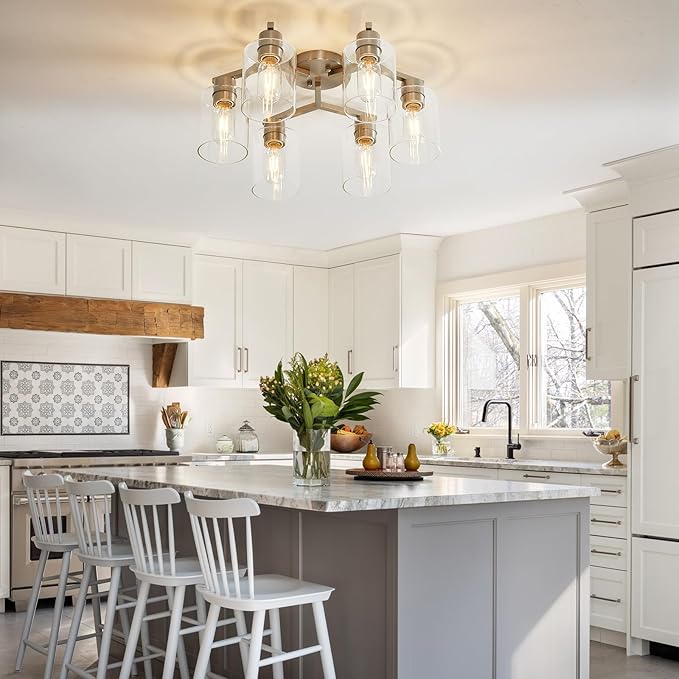 YYT Light Fixtures for Dining Room 6-Light Semi Flush Mount Ceiling Light Fixtures Large Brushed Nickel Kitchen Lighting Fixtures Ceiling with Clear Glass Shade for Living Room - E26