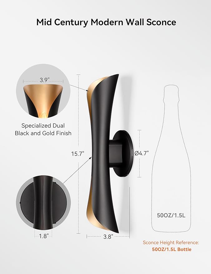 Tubicen Wall Sconces Dimmable Up and Down Indoor Theater Sconce Lights Black and Gold Hardwired Modern Decorative Wall Lights for Living Room Bedroom Hallway Stairway 15.7" H