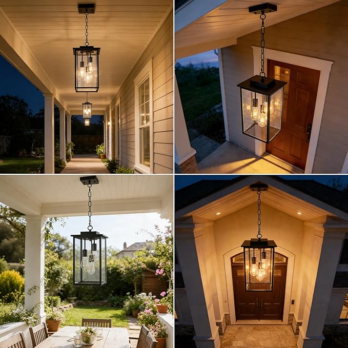 Outdoor Pendant Light Fixture E26 3-Light Modern Black Metal Outside Chandelier Exterior Hanging Fixture Ceiling Mount with Clear Glass for Porch Front Door Entrance Entryway, 1 Pack