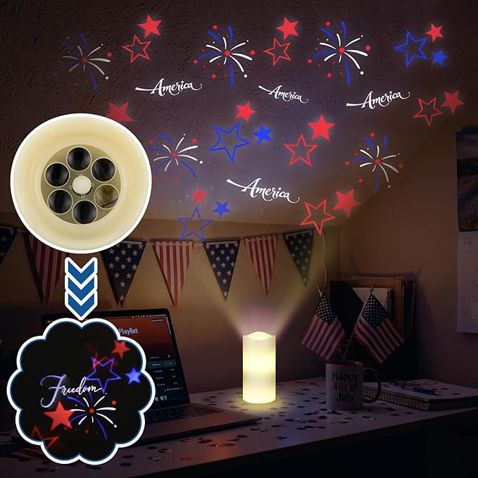 4th of July Flameless Candle Patriotic Projector Light 250th Anniversary Decoration LED Candle Battery Operated Night Light with Remote Timer Independence Day Memorial Red White Blue Table Decor