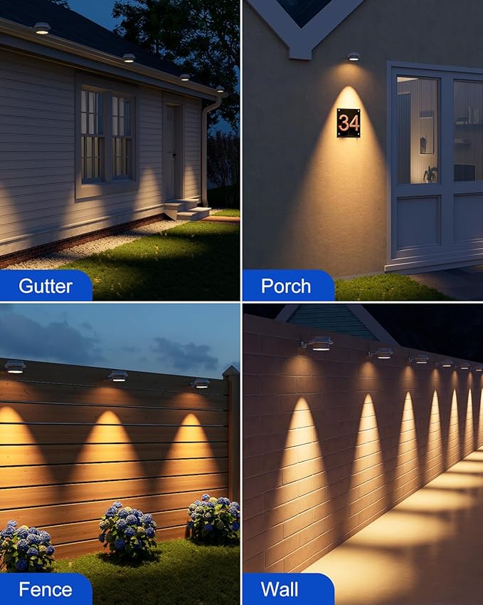 4 Pack White Bright Solar Powered Gutter Mounted Lights Outdoor Waterproof Led Fence Lamp for Lighting Rainspout, Railing, Outside House, Wall, Deck, Porch, Garage, Holeless Installation(Warm White)