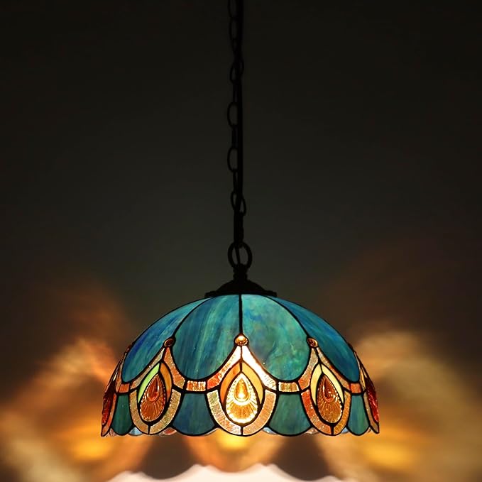 Tiffany Pendant Light Plug in Stained Glass Hanging lamp 12X12X181 Inch Hanging Lamp Living Room Bedroom Kitchen Dining Room Office（Peacock Crystal Style