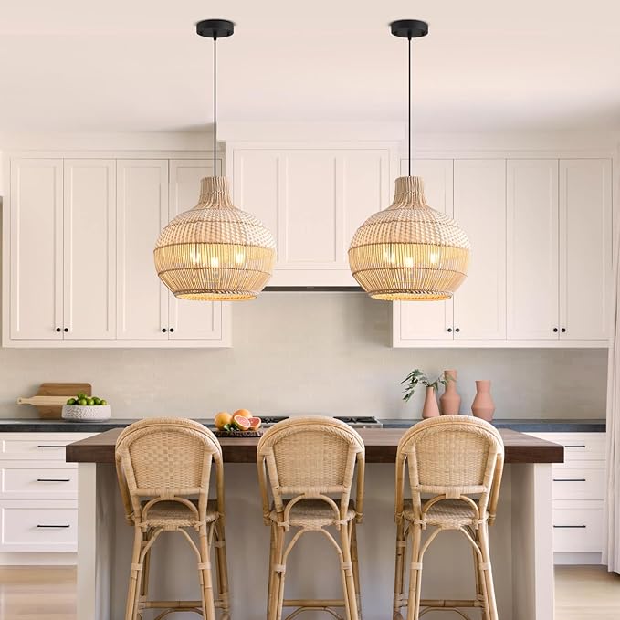 3-Light Rattan Pendant Light Fixture, 15" Hand-Woven White Wicker Basket Chandelier Boho Faux Rattan Hanging Lamp,for Dining Living Bedroom Kitchen