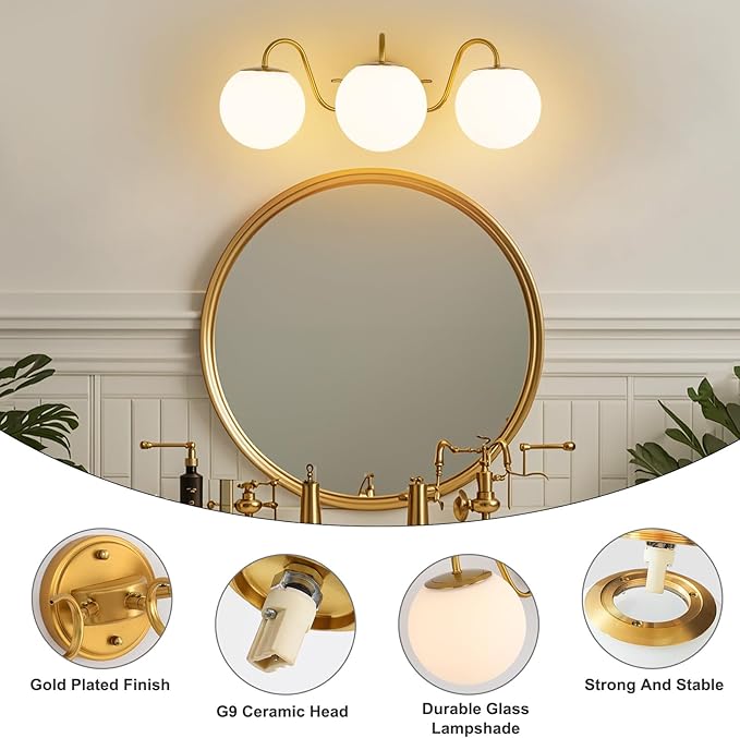 3 Lights Vintage Bathroom Vanity Light Fixtures Over Mirror, Brushed Gold Vanity Lights For Bathroom With Milk White Glass Globe Shade, Wall lights For Bedroom, Hallway, Dressing Table,Includ G9 Bulbs