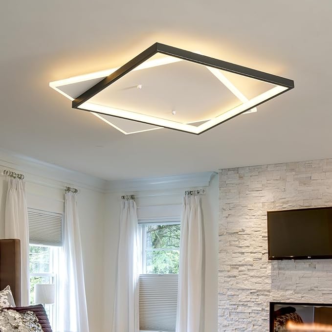 Black Modern LED Bedroom Ceiling Light Dimmable Flush Mount Ceiling Light Fixture 22" Square Ceiling Lamp with Remote Control Kitchen Lighting Fixture Ceiling,Suitable for Bedroom,Hallways