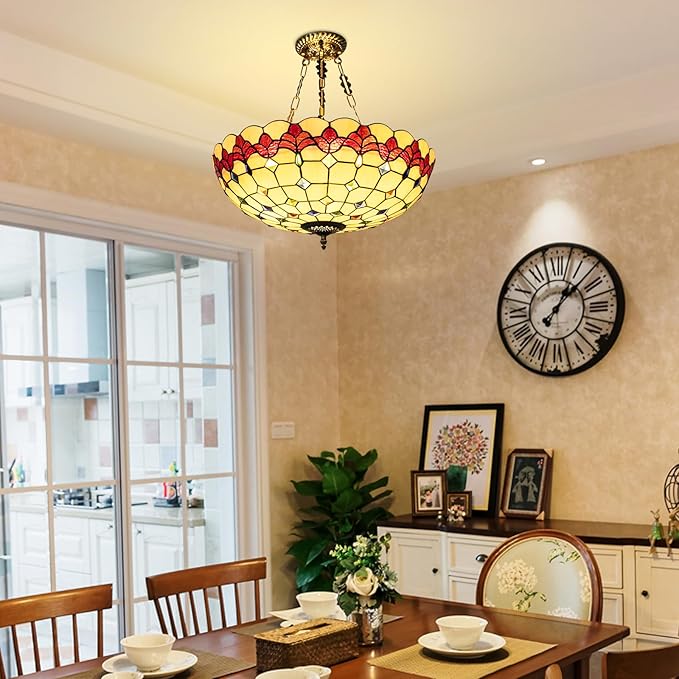 Vintage Pendant Light Fixtures, 20 Inch Stained Glass Hanging Lamp 100-240V Antique Style Ceiling Mount Fixture for Dining Room Living Room Kitchen Entryway-E26