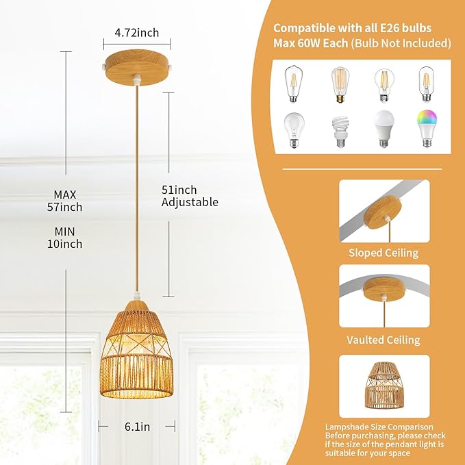 Boho Rattan Pendant Light Kitchen Island,Farmhouse Chandeliers Adjustable Height Hanging lamp for Dining Room,Small Kitchen Ceiling Lights Fixtures with Hand Woven Wicker Lampshade Lighting
