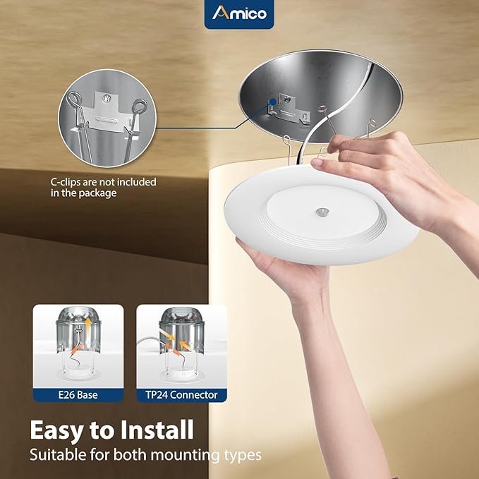 Amico 1 Pack 5/6 inch Motion Sensor Recessed Light, 12.5W=100W, 950LM, 2700K/3000K/4000K/5000K/6000K Selectable, LED Retrofit Can Lights, IC Rated - ETL & FCC, White