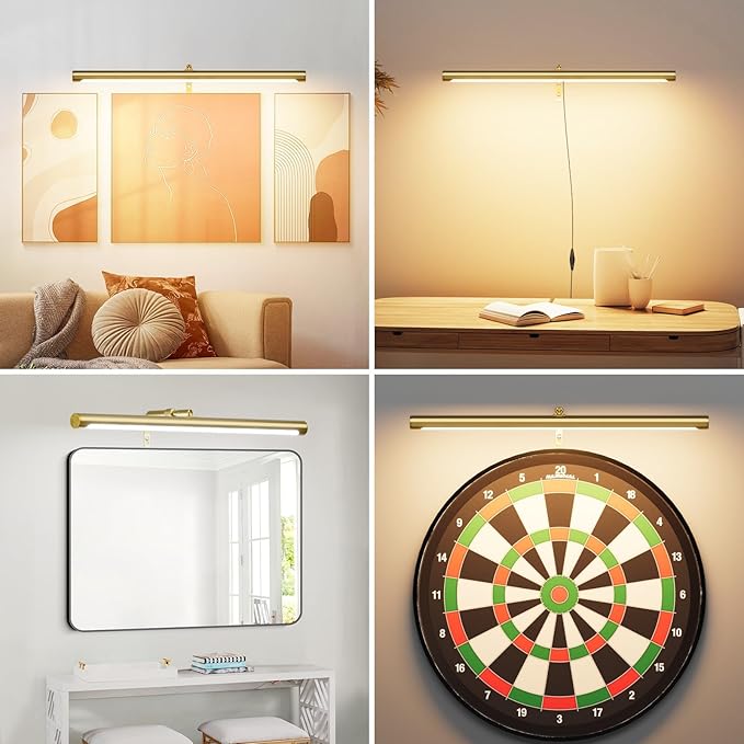 9W Picture Light Plug in, 24" Adjustable LED Art Light with Remote Control, Dimmable Wall Light for Picture Display Dartboard Art Work (Gold)