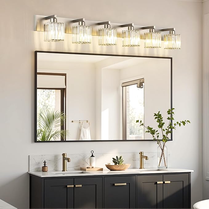 Aipsun Brushed Nickel Bathroom Light Fixtures 6 Light Vanity Lighting Fixture Crystal Modern Bathroom Vanity Light (Exclude Bulb)