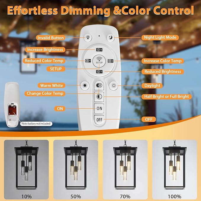 3-Color LED Outdoor Pendant Light with Remote, 3-Light 19" Large Outdoor Chandelier for Porch, Black Exterior Pendant Lighting Fixture Ceiling Mount Pendant Lantern for Patio Front Door
