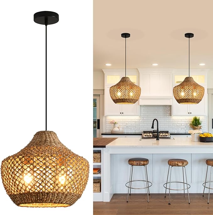 15.4" Rattan Pendant Light Fixtures,Boho Water Plants Pendant Light,2-Light Hand Woven Seagrass Chandelier for Workplace Occasions Restaurants Dining Living Bedroom Kitchen Farmhouse