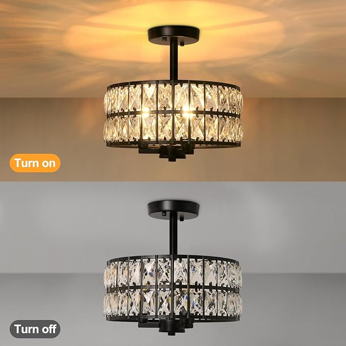 3-Light Round Crystal Ceiling Light Fixture Black Semi Flush Mount Chandelier, 12.6" Farmhouse Kitchen Ceiling Light Fixtures with Cylinder Drum Shade for Hallway Dining Room Bedroom